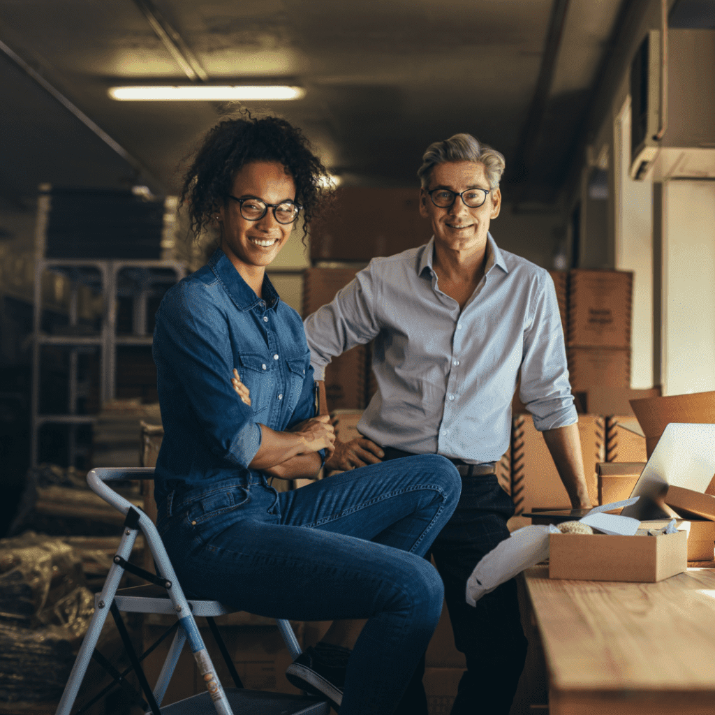 Unsecured-Finances-two-business-owners-standing-at-a-desk-smiling-at-the-camera Unsecured-Finances-two-business-owners-standing-at-a-desk-smiling-at-the-camera