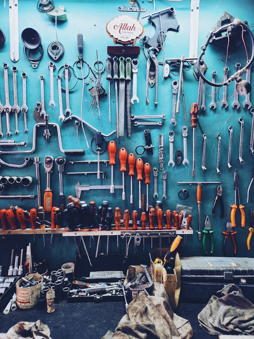 wall and desk in the workshop with sorted tools